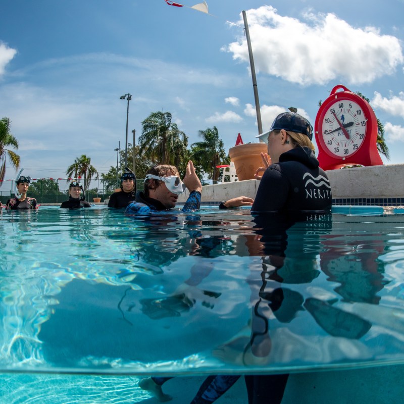 People in a pool having a discussion, with a large clock and clear blue sky in the background.