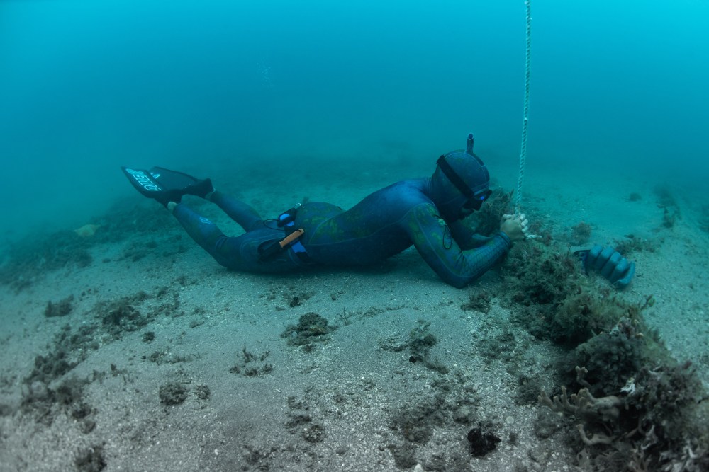 Diver in wetsuit holding rope, lying on sandy ocean floor with seaweed.