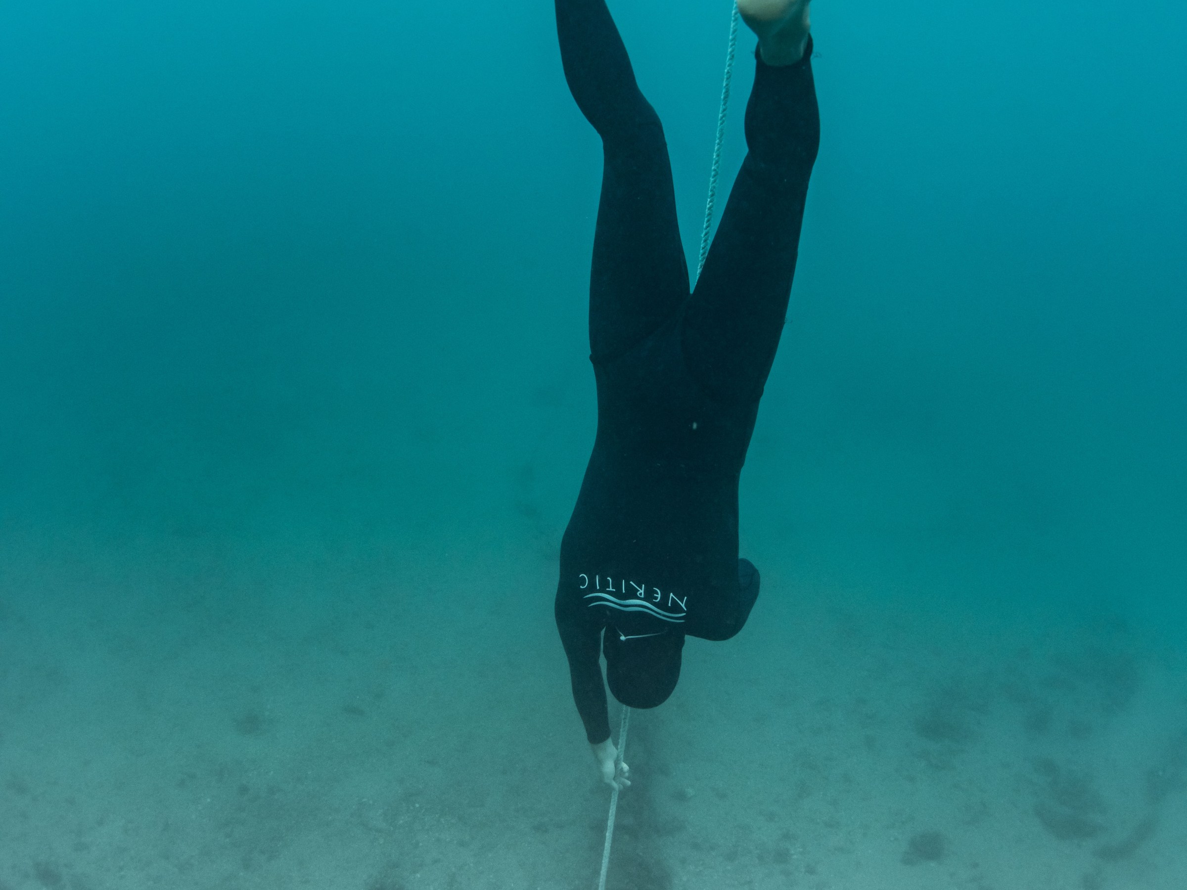 Diver in black wetsuit upside down, holding a rope underwater.