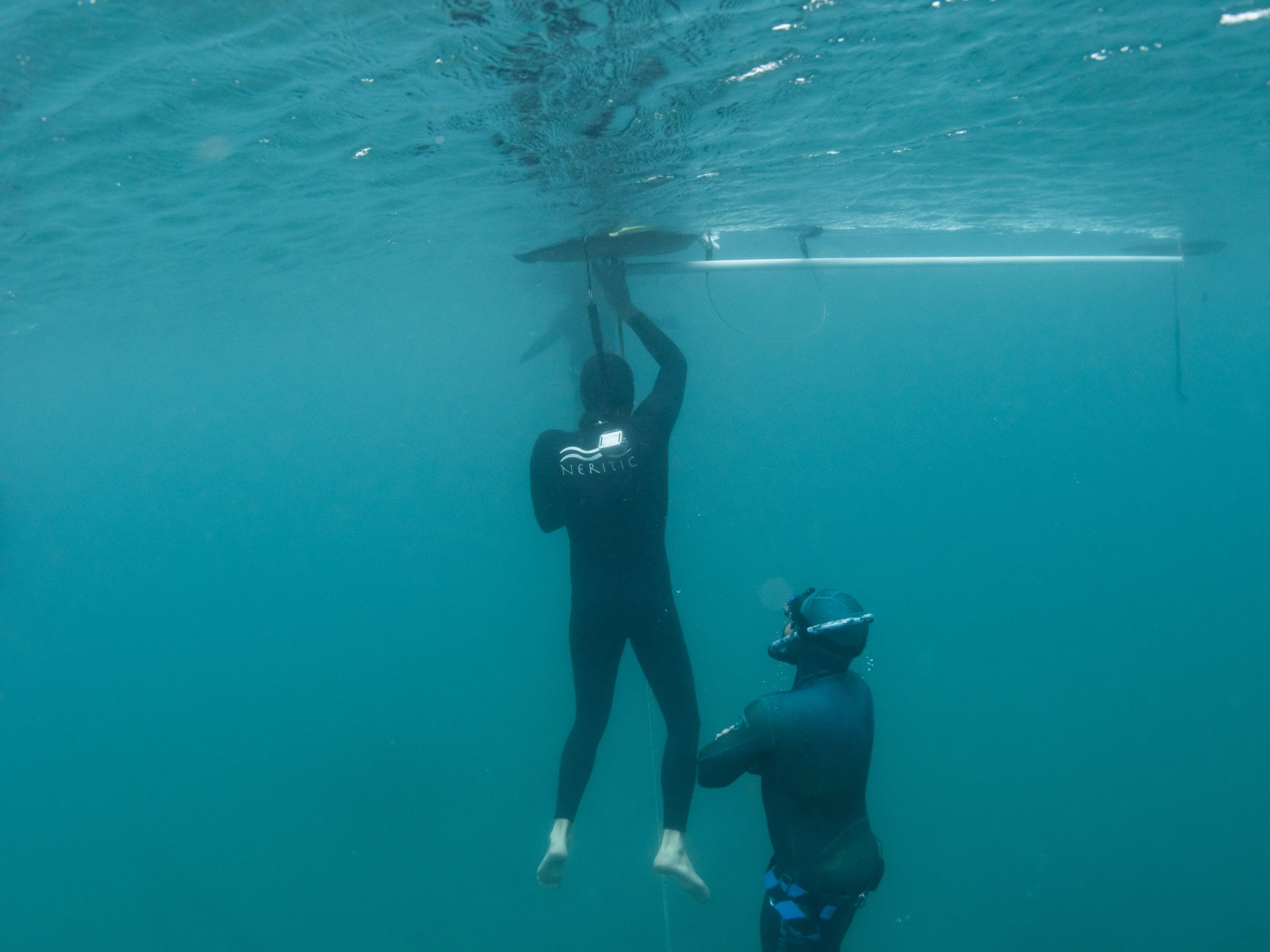 Two divers underwater, one hanging onto a fixed structure, the other nearby with fins.