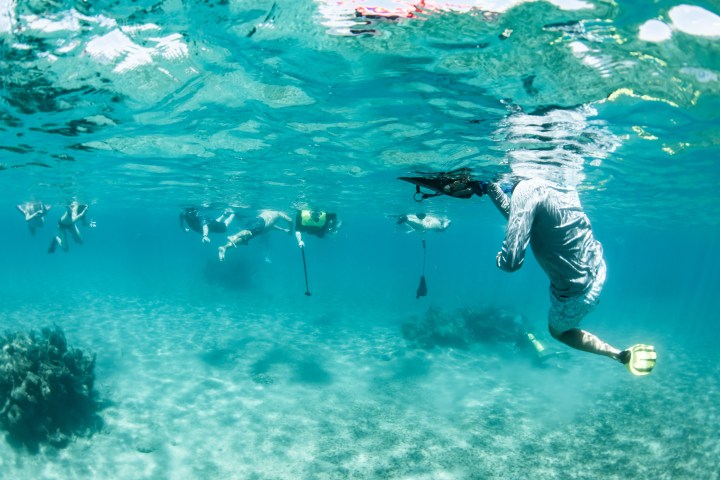 a man swimming in a pool of water