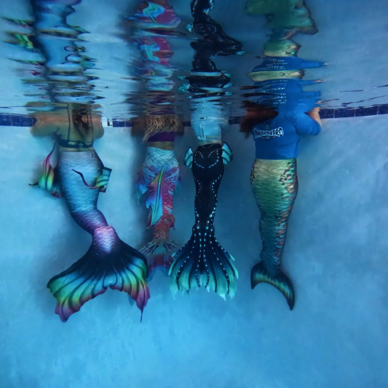 Four people underwater wearing colorful mermaid tails in a swimming pool.