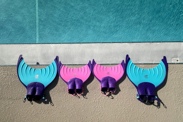 Four mermaid tails in blue and pink on poolside near clear water.