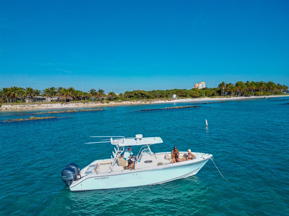 People on a boat in turquoise water near a beach with palm trees and buildings in the background.