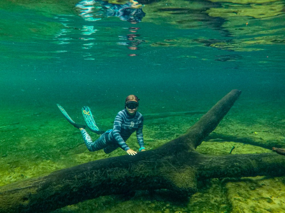 Person snorkeling underwater near a large submerged log in clear water.