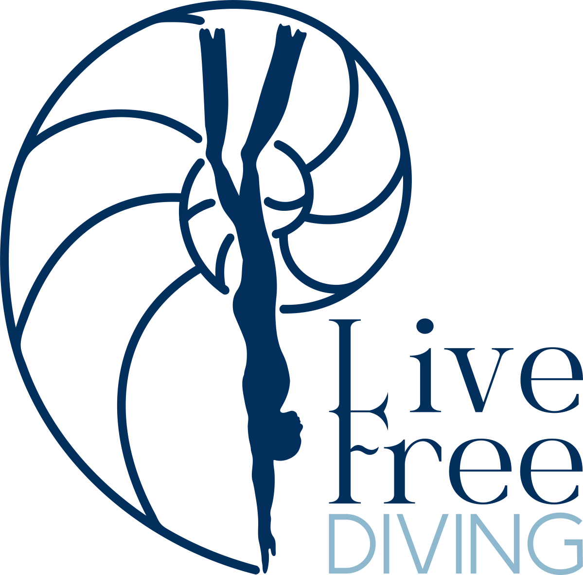 Logo: silhouette of a diver with fins inside a nautilus shell. Text reads 'Live Free Diving'.