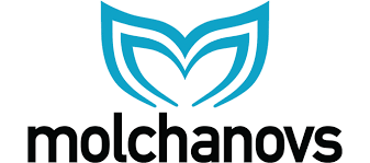 Stylized blue 'M' logo above the word 'molchanovs' in black text.