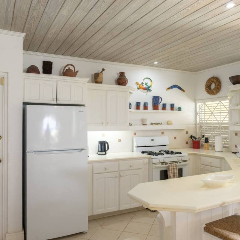 Cozy white kitchen with wooden ceiling, gas stove, fridge, and decorative shelves.