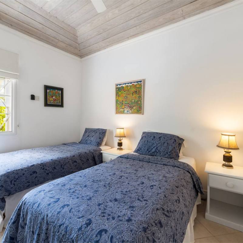 Room with two twin beds, blue bedding, two lamps, and colorful wall artwork.