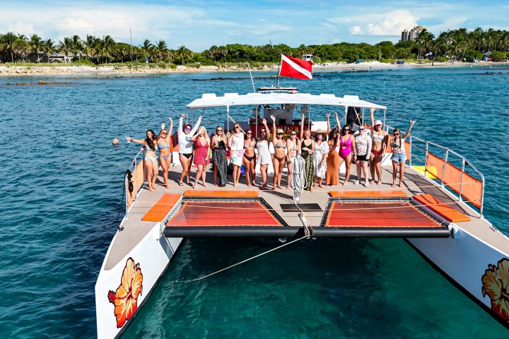 Group on a catamaran in swimwear, ocean backdrop with palm trees and clear sky.