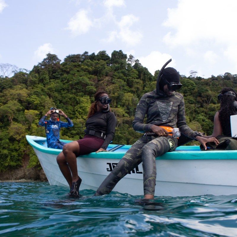People in snorkeling gear on a boat near a forested island.