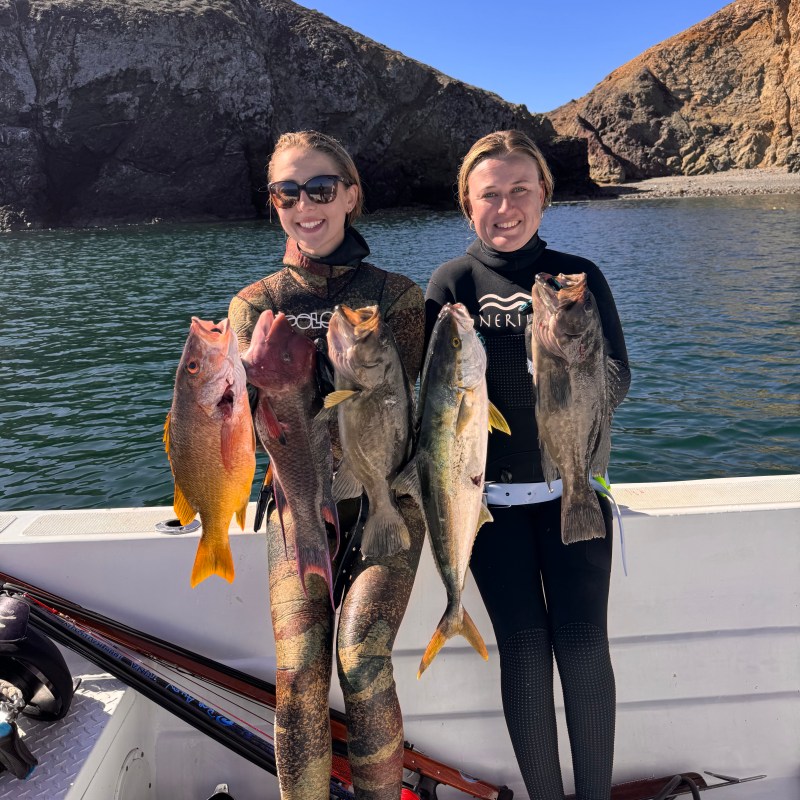 Two people in wetsuits holding fish on a boat near rocky cliffs.